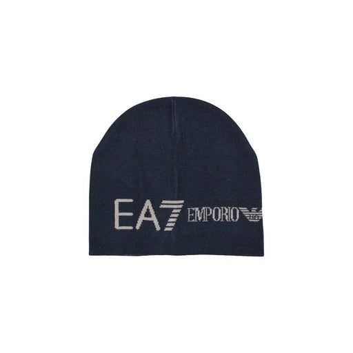 Ea7 Emporio Armani Acrylkappe für Herren aus marineblauem Strick mit weißer Logostickerei, Vorderansicht