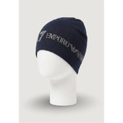 Emporio Armani EA7 Acrylkappe für Herren in Marineblau mit silbernem, gesticktem Logo, Vorderansicht