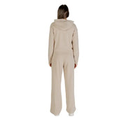 Women’s beige hooded cotton elastane jumpsuit with front pockets and zip closure
