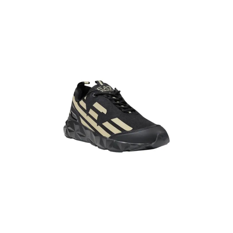Ea7 Schwarze und beige Herren-Sneaker mit strukturiertem Mesh-Obermaterial, markantem Streifenlogo und klobiger, geometrischer Sohle