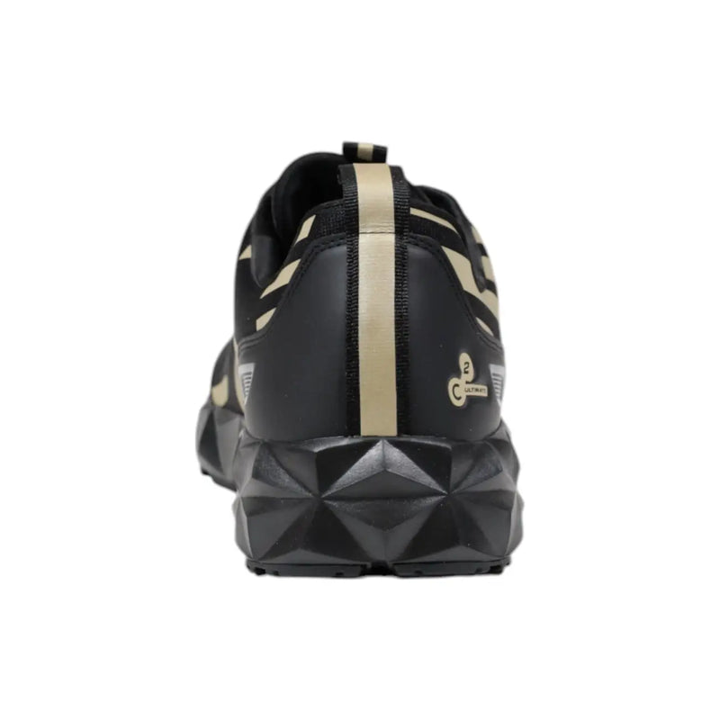 Ea7 black beige men’s athletic sneaker with black and gold upper and geometric textured rubber sole