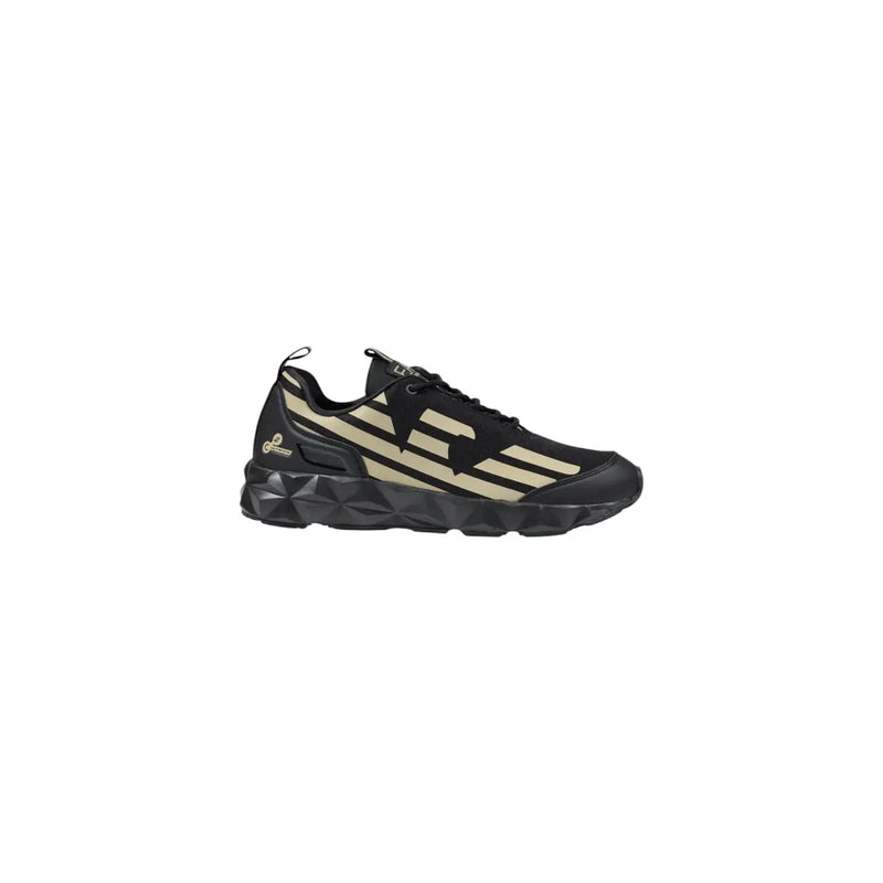 EA7 black beige men’s athletic sneaker with black and beige stripes and a textured rubber sole for performance use