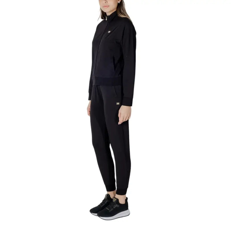 EA7 black cotton blend tracksuit set for women with zip jacket and joggers