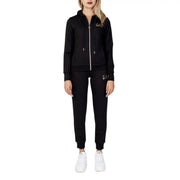 Ea7 black hooded jumpsuit with zip and pockets featuring gold logo detailing and a full-length zipper design