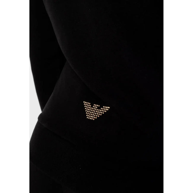 Ea7 black hooded jumpsuit in velvet featuring a sparkling gold-tone embroidered eagle logo with zip and pockets