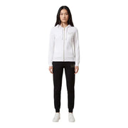EA7 black hooded zip-up jumpsuit with pockets, white hoodie, black joggers, white sneakers