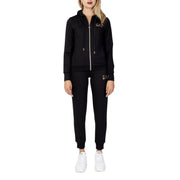 EA7 black hooded jumpsuit with gold logo, full zip, and pockets
