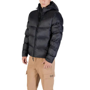 Ea7 black puffer jacket with hood and drawstring.