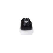 Back side of ea7 black leather men’s sneakers with white rubber sole and silver emporio armani logo embroidered on heel