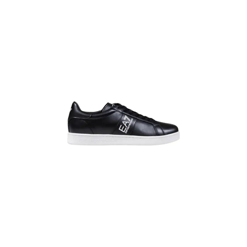 EA7 black leather men’s sneaker with white rubber sole and logo branding on the side