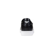 Back side of ea7 black leather men’s sneakers with white rubber sole and silver emporio armani logo embroidered on heel