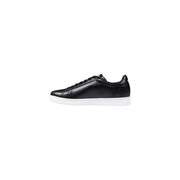 Ea7 black leather men’s low-top sneaker featuring a white rubber sole in a classic casual design
