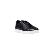 Ea7 black leather men’s low-top sneaker with white rubber sole and embossed logo on the side