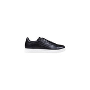 Ea7 black leather men’s low-top sneaker with white rubber sole and embossed eagle logo on the side