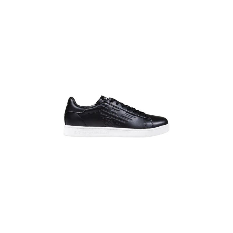 Ea7 black leather men’s low-top sneaker with white rubber sole and embossed eagle logo on the side