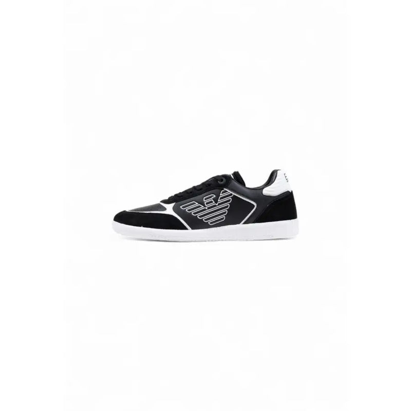 EA7 black leather slip on sneakers for men with black and white suede and synthetic overlays and sleek modern design