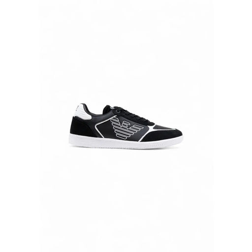 Ea7 black leather slip on sneakers for men featuring black and white suede and synthetic overlays with a modern design