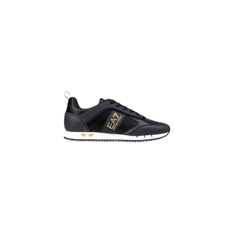 Emporio armani black and gold sneakers with mesh accents.
