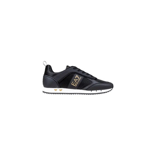 Emporio armani black and gold sneakers with mesh accents.