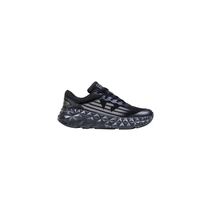 Black asics running shoe with textured sole and logo design.
