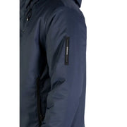 Ea7 blue hooded polyester jacket for men in dark navy blue with waterproof fabric and black branding patch on the sleeve