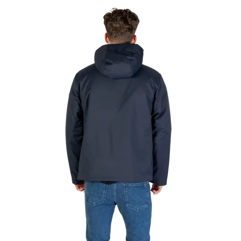 Ea7 blue hooded polyester jacket for men featuring a sleek dark navy design with a modern hooded style