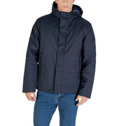 Ea7 blue hooded polyester jacket for men in dark navy with zippered side pockets and contrasting blue inner lining
