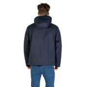 Ea7 blue hooded polyester jacket for men featuring a sleek dark navy design with a modern hooded style