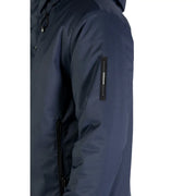 Ea7 blue hooded polyester jacket for men in dark navy blue with waterproof fabric and black branding patch on the sleeve
