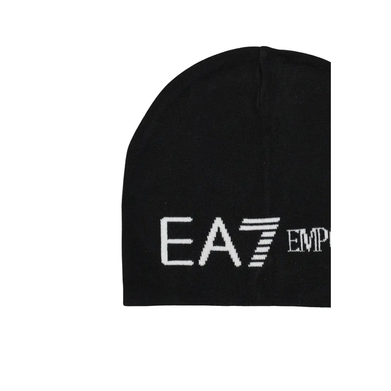 EA7 schwarze Strickmütze für Herren mit weißem, gesticktem EA7 Emporio Armani Logo auf der Vorderseite