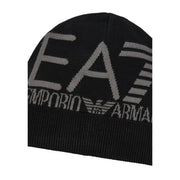 Ea7 Schwarze Strickmütze für Herren mit grauem EA7-Logo und Emporio-Adleremblem, Vorderansicht