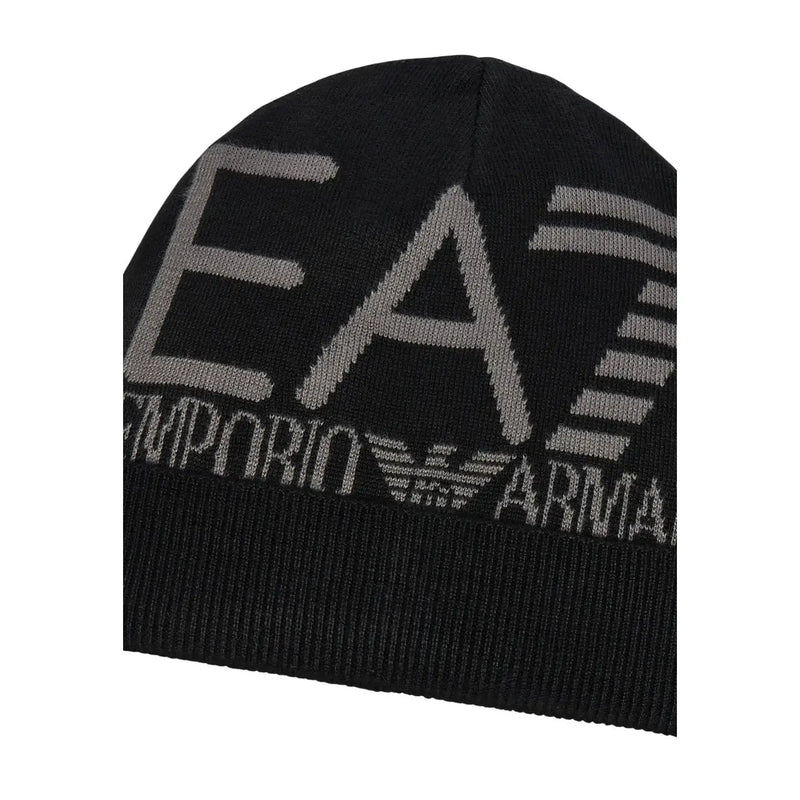 Ea7 Schwarze Strickmütze für Herren mit grauem EA7-Logo und Emporio-Adleremblem, Vorderansicht