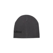 Bonnet Armani EA7 pour homme, gris foncé, à la texture côtelée discrète et logo brodé noir (vue de côté).