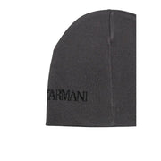Ea7 Bonnet tricoté pour homme gris foncé avec broderie Armani sur le côté, vue de profil
