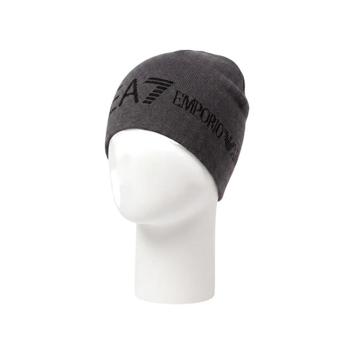 EA7 Strickmütze für Herren in Dunkelgrau mit schwarzem, gesticktem Logo, Vorderansicht