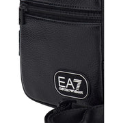 Emporio Armani EA7 crossbody bag for women in black textured leather with white embroidered logo patch, front view