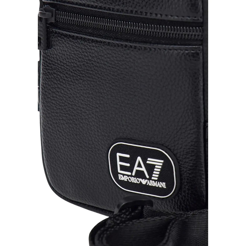 Emporio Armani EA7 crossbody bag for women in black textured leather with white embroidered logo patch, front view