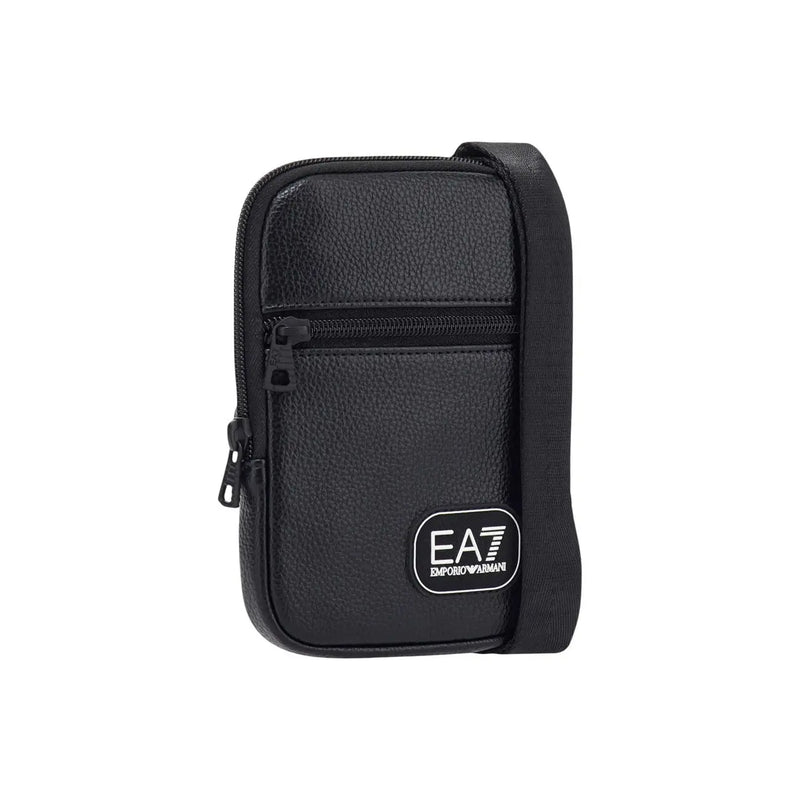 Ea7 crossbody bag for women in black textured leather with white logo patch and adjustable strap front view