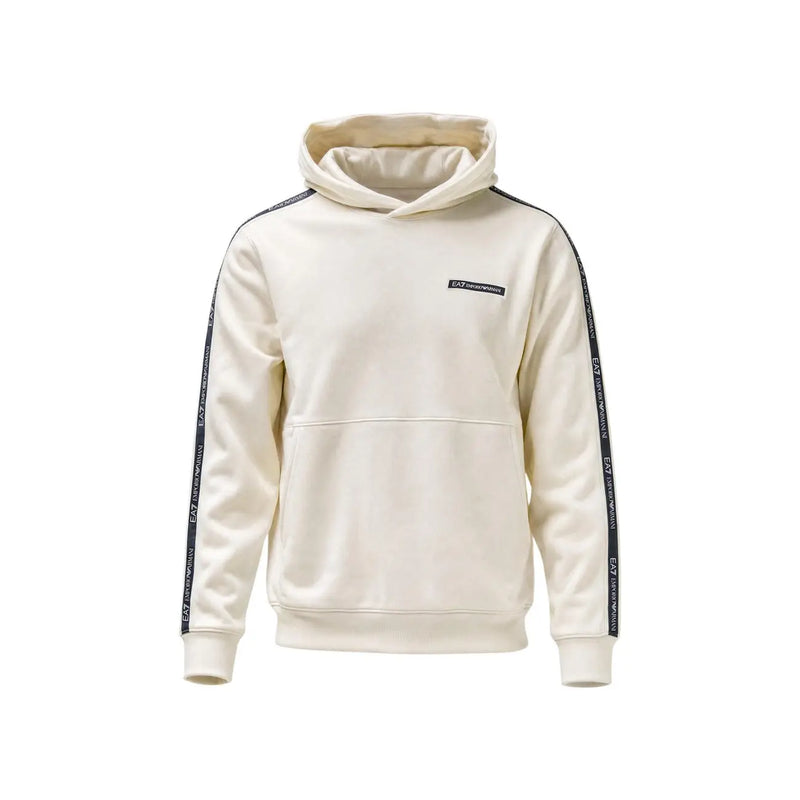 Ea7 Sweat à capuche beige en coton pour homme, avec bandes crème et noires portant le logo Emporio Armani sur les manches (référence ea7).
