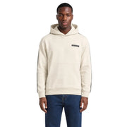 Sweat à capuche EA7 pour homme, en coton beige, coloris crème, bandes latérales noires et petit logo rectangulaire sur la poitrine.