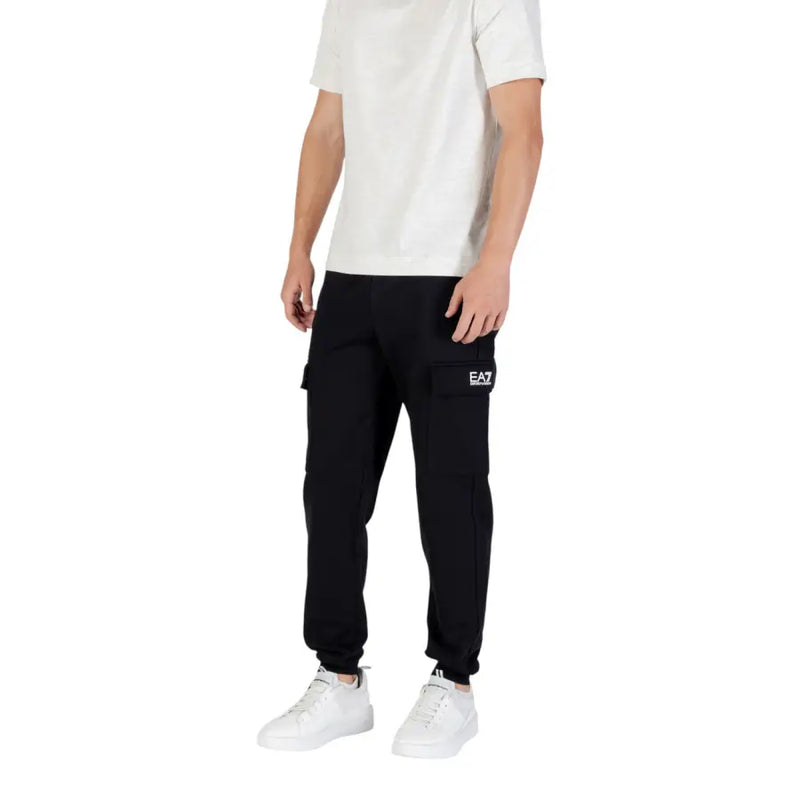 Men’s black cotton blend cargo joggers with side logo pocket for fall winter wear