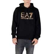 Black cotton hoodie with gold EA7 logo and front pockets for men