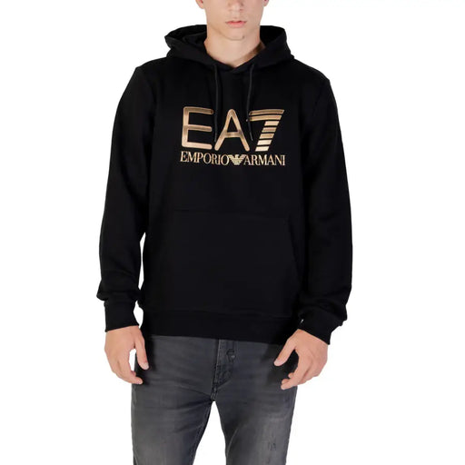 Black cotton hoodie with gold EA7 logo and front pockets for men