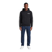 Ea7 Schwarzer Herren-Hoodie aus Baumwolle mit weiß gestreiften Ärmeln und kleinem rechteckigen Logo auf der Brust