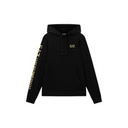 Ea7 Schwarzer Herren-Hoodie aus Baumwolle mit goldener Schrift auf Ärmel und Brustlogo für Freizeitkleidung