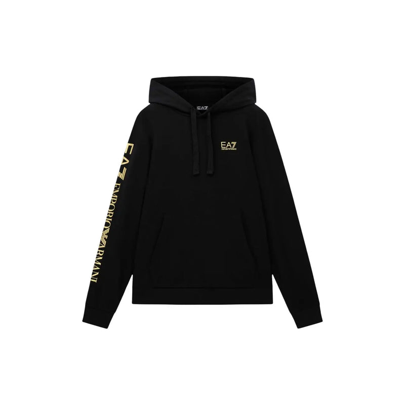 Ea7 Schwarzer Herren-Hoodie aus Baumwolle mit goldener Schrift auf Ärmel und Brustlogo für Freizeitkleidung