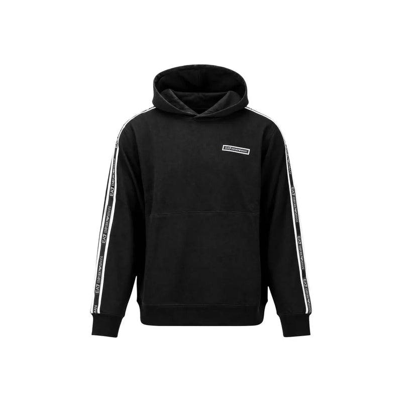 Ea7 Schwarzer Herren-Hoodie aus Baumwolle mit weißen Logostreifen an den Ärmeln