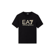 Black short-sleeved cotton t-shirt for men featuring a prominent gold ea7 emporio armani logo across the chest