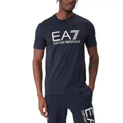 Navy blue ea7 emporio armani men t-shirt with white logo print and short sleeves made from cotton blend fabric