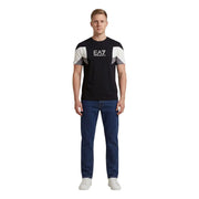Ea7 men t-shirt in black with white and gray geometric shoulder panels made of comfortable fabric